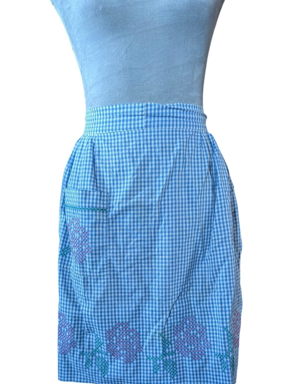 Blue Gingham Embroidered Women’s Half Apron